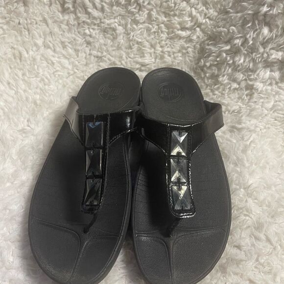 Fitflop black synthetic Black patent Studded wedge Sandals SZ11 - Picture 7 of 9